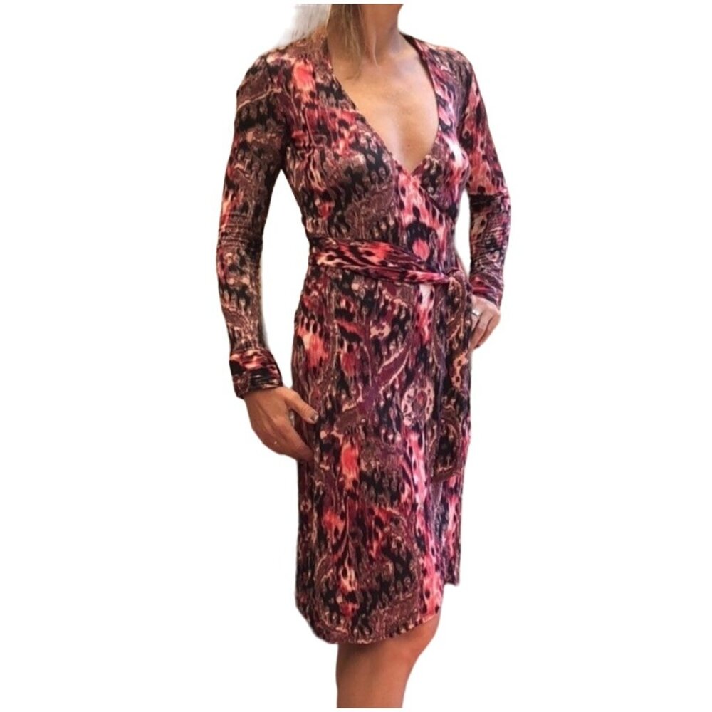 Marciano Long Sleeve Wrap Dress‎ Vibrant Abstract Print Large